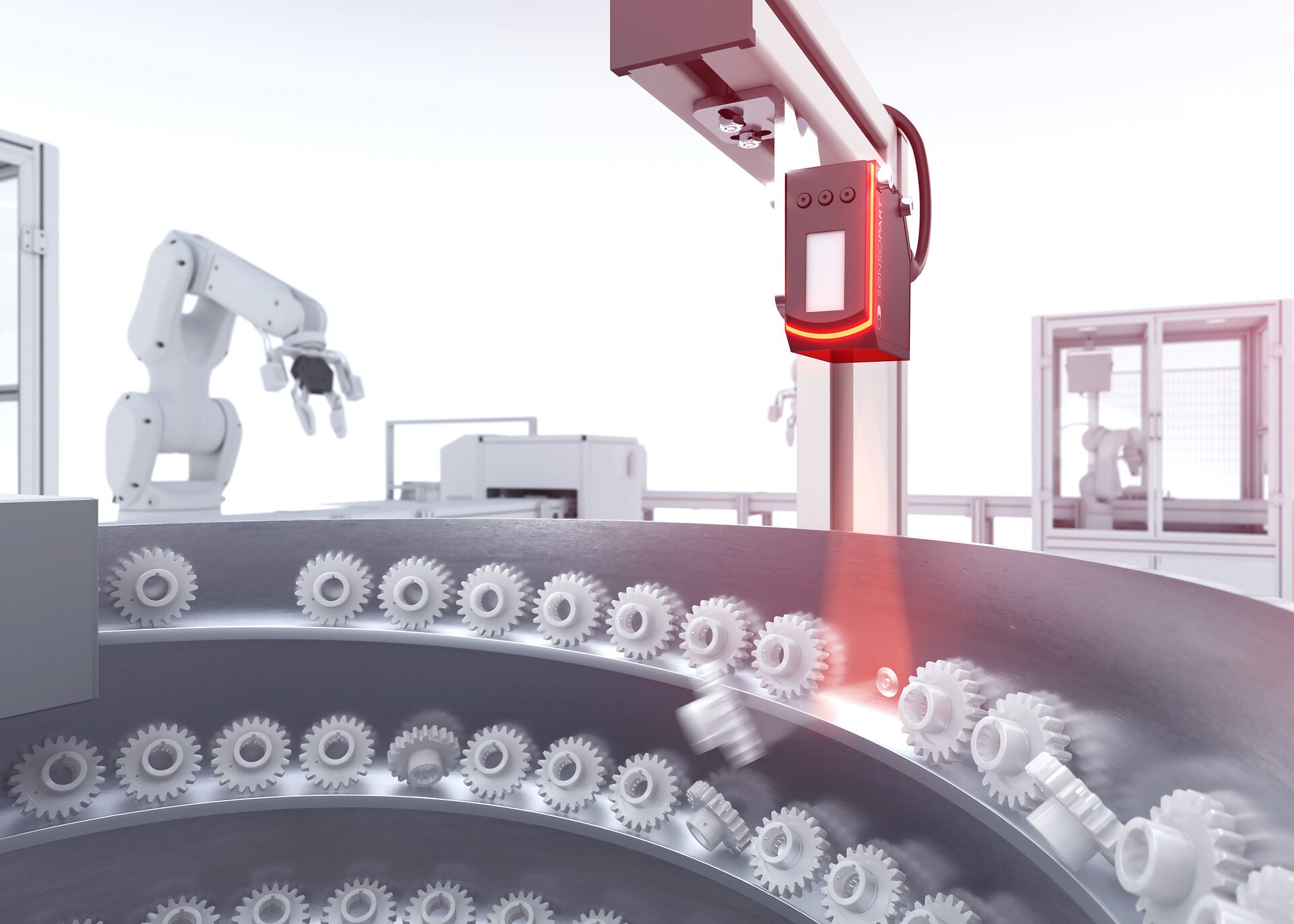 Reliable position control of gear wheels on a vibrating conveyor